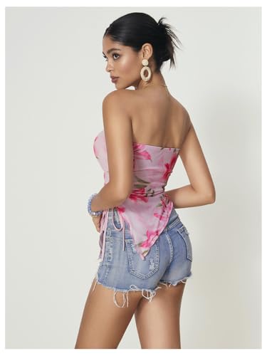 WDIRARA Women's Floral Mesh Strapless Side Ruched Tube Top Asymmetrical Hem Bandeau Crop Tops3