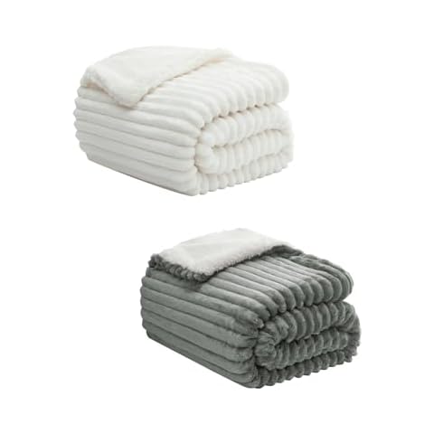 INFIIXSO Striped Flannel Fleece Blanket for Sofa Off White & Grey Cover