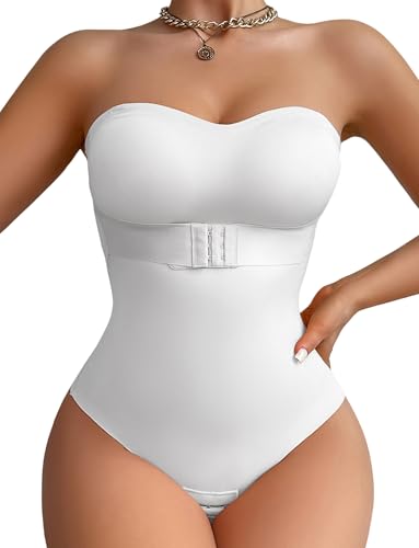 FEOYA Strapless Bandeau Shapewear Bodysuit für Damen Bauchweg Miederbody Figurformende Tank Top Nahtlose Body Shaper Push Up Shaping Bodysuit mit Abnehmbaren Pads und Bänder Weiß L