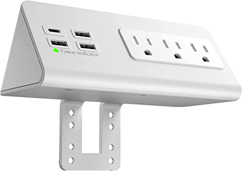 Electriduct Edge Mount Nightstand Charger 6 Amp 1 USB-C Charging Port + 3 USB-A Charging Ports, 3 AC Power Strip Outlets Clamp Desk Power Center - White