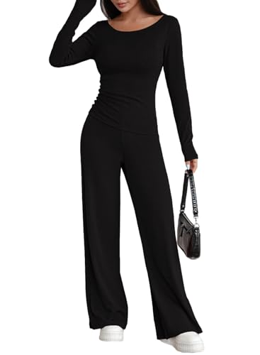 Pink Queen Sweatsuits Women 2 Piece Outfit Asymmetrical Long Sleeve Top Wide Leg Pants Casual Matching Sweat Sets