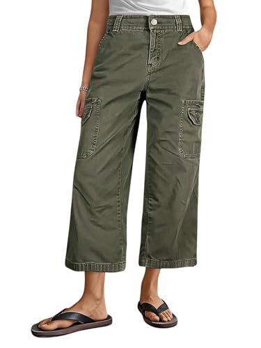 Flamingals Straight Leg Cropped Pants for Women Mid Rise Casual Cargo Solid Flap Pockets Pants
