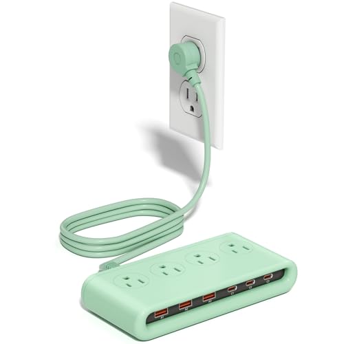 Power Strip with USB C 35W 10-in-1 Flat Plug Wall Charger - 5FT Extension Cord with 4AC 3 USB A & 3 USB C - PD20W Charging Station for Multiple Devices - Travel Home Office (Green)