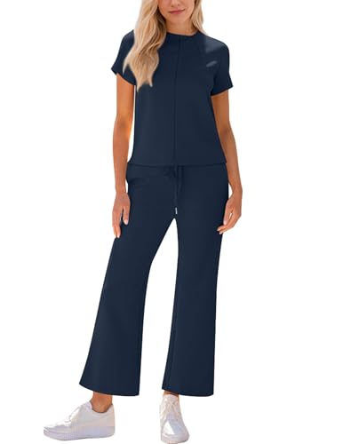 Lounge Sets for Women 2 piece Travel Outfits Sets Short Sleeve Top Wide Leg Pants Loungewear Comfy Tracksuit