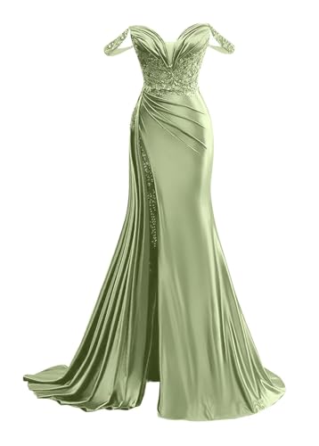 Mermaid Prom Dresses for Women Sparkly Sequins Pleats Satin Formal Dress with Skirt Off Shoulder He5089