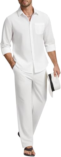 WEEN CHARM Mens Shirts Casual 2 Piece Long Sleeve Button Down Cuban Shirt and Pants Set Summer Beach Outfits