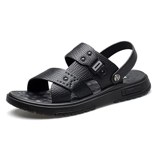 Men Shoes Vintage Real Leather Non-Slip Beach Slip-On Sandals Travel Slippers Black Brown(43)