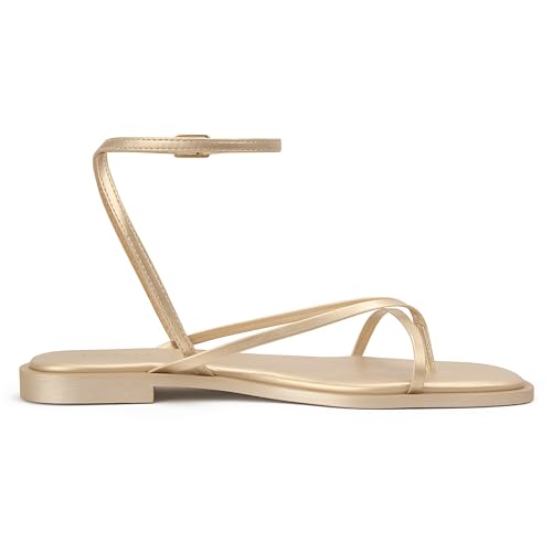 Image of Womens Flats Sandals Square Toe Strappy Ankle Strap Flats