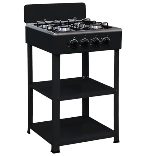 Marvin Fornello a Gas 4 Fuochi da Campeggio Piano Cottura con Supporto 2 Ripiani in Acciaio Cucina da Esterno Portatile Piastra Inox (Nero)