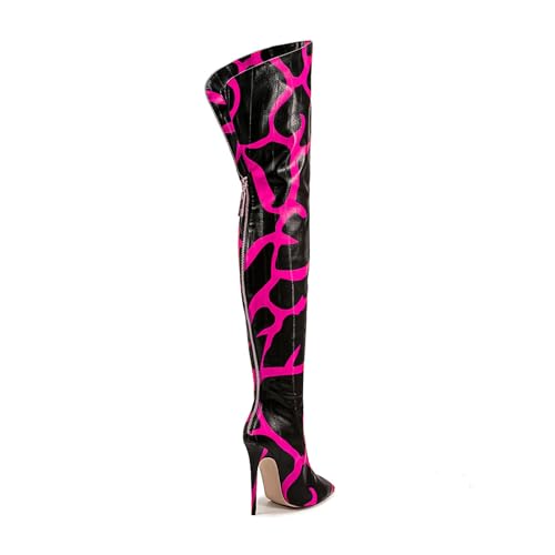 Image of Thigh high boots for women striped Back zipper Burgundy Zebra Print Over the knee Sexy gold white pointed toe Cow Print leopard Magenta stiletto heel