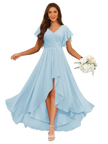Women's Short Sleeves Bridesmaid Dresses 2025 Hi-Low Ruffled Chiffon Formal Evening Dress DE457