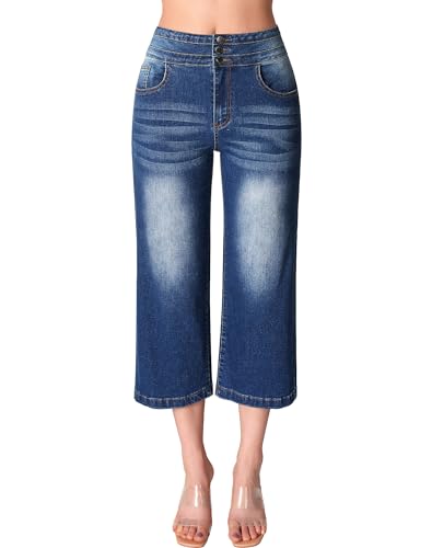 roswear Women's Wide Leg Stretchy High Waisted Capri Denim Pants