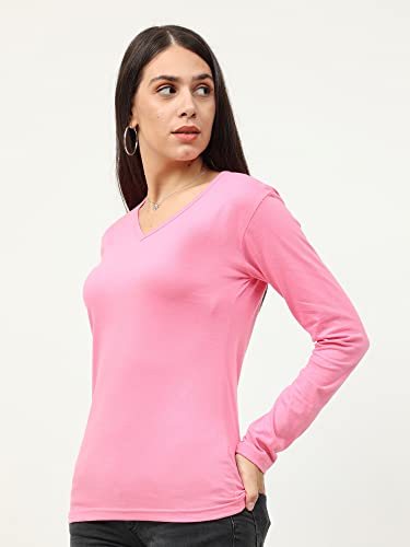 Image of FLEXIMAA Women's Cotton Plain V Neck Full Sleeve T-Shirt
