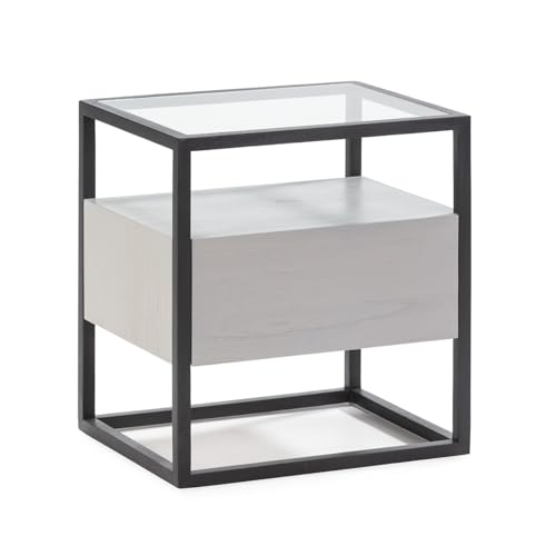 Table basse verre courbé et piétement minimaliste en noyer véritable