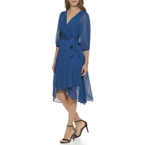 Image of DKNY Women's Chiffon Balloon Sleeve Faux Wrap Midi Dress with High-Low Hem