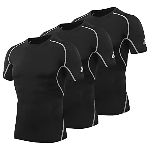 AMZSPORT 3 Paquetes Camiseta de Compresión de Mangas Corta para Hombre Deportes de Secado Rápido Funcionamiento Baselayer, Negro M