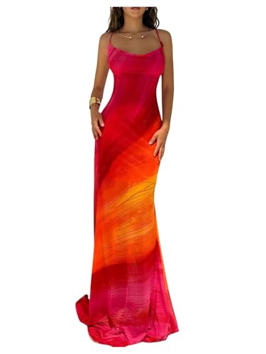 SHENHE Womens Sunset Ombre Maxi Dress Criss Cross Backless Beach Vacation Mesh Fishtail Dress Red Small