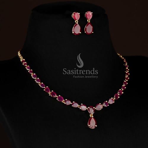 Image of Sasitrends Micro Gold Plated American Diamond Ruby stone Studded Necklace Jewellery Set
