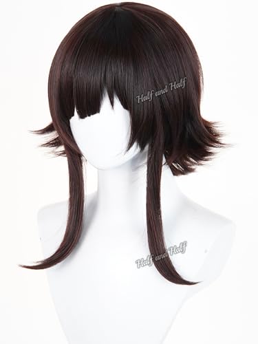 Image of Half and Half Short Brown Black Anime Circus Clown Cosplay Wig for Women Deep Brown Wigs with Bangs & Layers for Halloween Party Daily