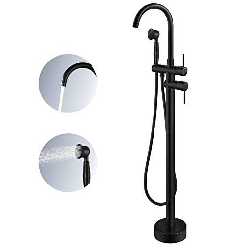 Amazing 🔥 Airuida Freestanding Tub Faucet Black Floor Mount Bathtub Filler with Handheld Shower 360 Degree Swivel Standing High Flow Spout Mixer Taps