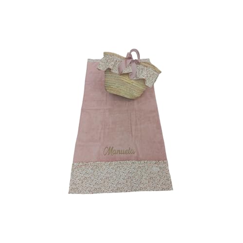 Capazo Mimbre y Toalla de Playa Personalizado para niña - Conjunto para piscina con nombre bordado - 2 Piezas (Flores Liberty/Rosa Maquillaje)