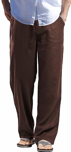 AITFINEISM Men's Casual Cotton Linen Pants Elastic Waist Lightweight Drawstring Summer Pants