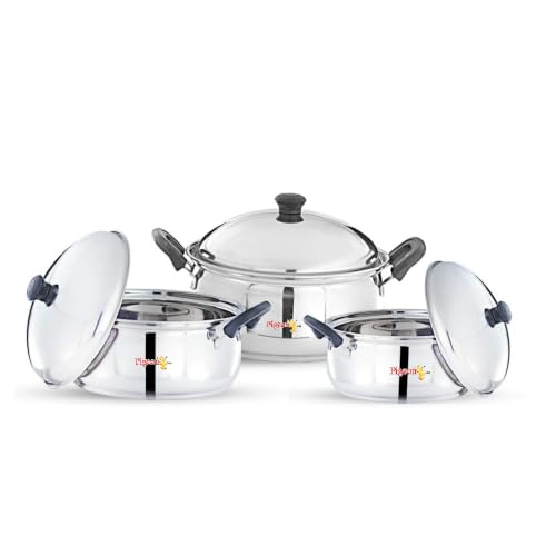Image of Pigeon-Kitchen Star 3Pcs Stainless Steel Cook and Serve Set with Lids| Mirror Finish Hot Pot Serving Bowls|Multipurpose Cookware for Kitchen, Dining&Storage|Durable Food Grade Steel Casserole
