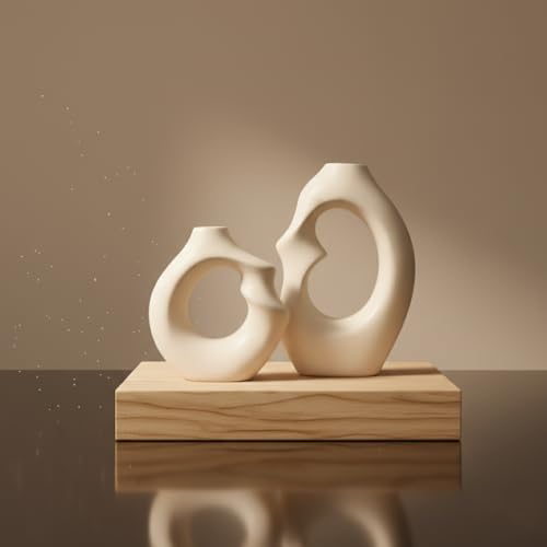 Image of Modern Abstract Ceramic Vases Set of 2 for Home Decor | Matte Finish Hollow Design Flower Vases for Living Room, Bedroom & Office | Minimalist Nordic Tabletop Decorative Vases - White