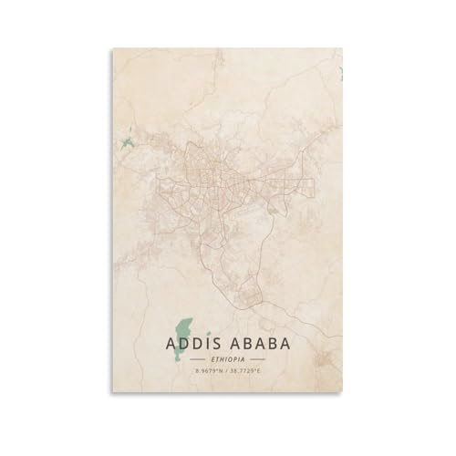 ZJLAMZ Addis Ababa Ethiopia Map Poster Vintage Print Art Wall Decoration Poster Family Bar Restaurant Garage Cafe Art Sign Gift Unframe 16x24inch(40x60cm)