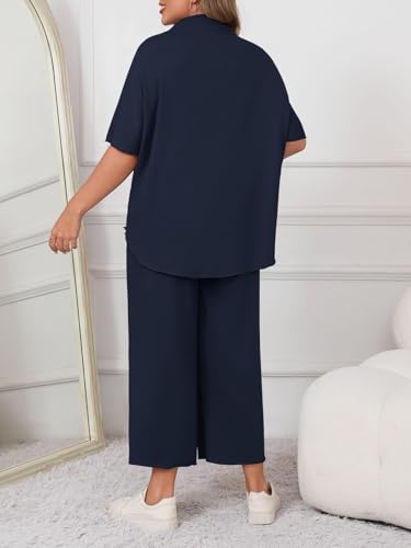 Beautife Women's Plus Size 2 Piece Outfits 3/4 Batwing Sleeve Capelet Crew Neck Pullover Top Wide Leg Pants Lounge Set2