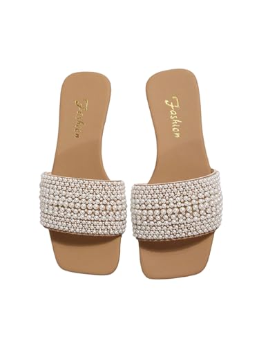 OYOANGLE Women's Pearl Decor Square Toe Sandals Leather Open Toe Flat Slip On Slides