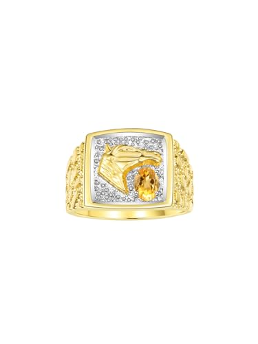 Image of Rylos Men's Yellow Gold-Plated Sterling Silver Lucky Nugget Horse Head Ring with 6X4MM Gemstone and Diamonds - Birthstone Elegance for Men, Sizes 8-13 Available