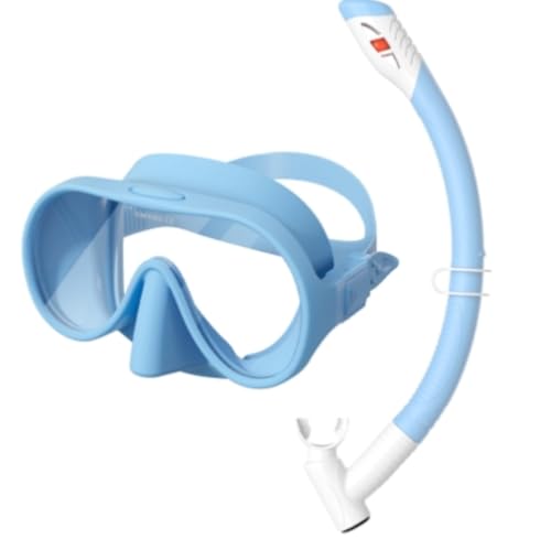 シュノーケルセット フレームレスシュノーケルマスク マカロンカラー 超広視野ダイビングマスク 強化ガラス スノーケル水漏れ防止 シリコーン製 曇り止め サイズ調整可能 着脱簡単 水泳・スキューバダイビング用 男女兼用潜水眼鏡 (子供,ブルー)