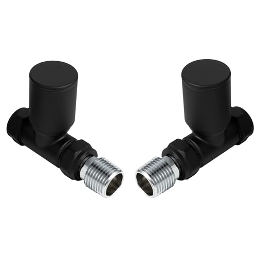 VANCOCO 2Pcs Matte Black Straight 1/2×15mm Towel Rail Valves Round Head Manual Radiator Valves Compression Connection Pair for Central Heating Modern Bathroom