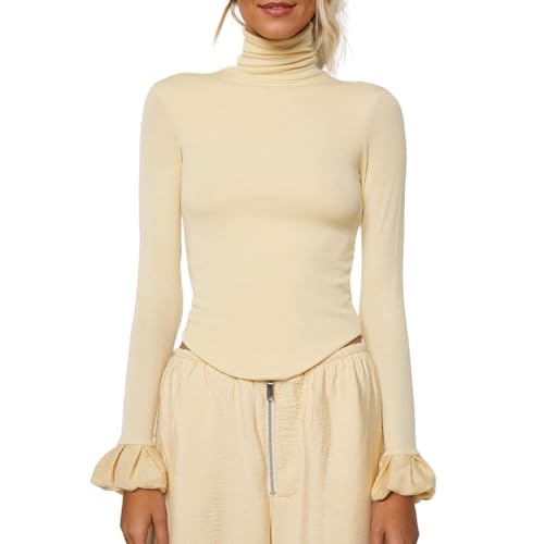 Women Y2k Turtleneck Rib Knit Top Long Sleeve Slim Fit Ruffled Cuffs Blouse Shirt Fall Aesthetic Going Out Top