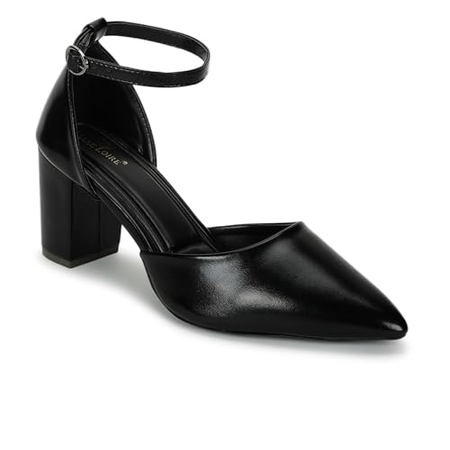 Image of Marc Loire Women's Pointed Toe Block Heel Pumps | Office & Party Shoes with Ankle Loop & Buckle Strap | Formal Footwear