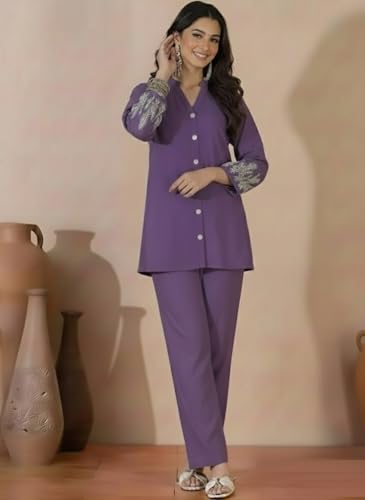 Image of SHEINZY Elegant Embroidered Sleeve Co-Ord Set for Women | Comfortable Silk Blend V-Neck Button-Down Top Matching Pants | Stylish Casual Ethnic Wear