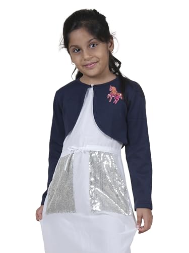 Image of KiddoPanti Girls Fleece Crop Length Shrug | Cotton Poly Fleece Fabric |Sequin Patch on Chest | Front Open Pearl Button Closure | Crop Length, Full Sleeve | Lightweigth & Breathable Girls Shrug