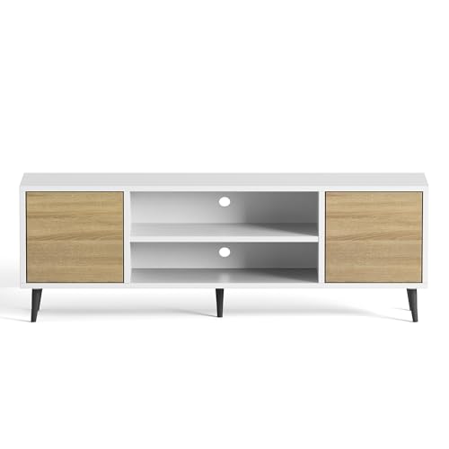 Image of JUMMICO TV Stand for 65 Inch TV, Mid Century Modern TV Stand, Entertainment Center with Storage Cabinet and Open Shelves, TV Console Table Media Cabinet for Living Room, and Bedroom (White)