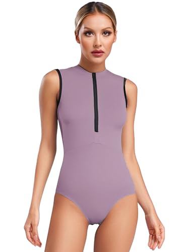 TTAO Maillot de ballet para mujer, sin mangas, espalda descubierta, parte superior con cremallera, parte interior elástica, morado, XL