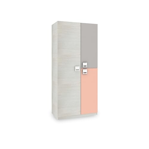 duehome | Armario Juvenil, Infantil, Modelo Kenia, Acabado en Blanco Alpes, Gris y Rosa Pastel, Medidas: 90 cm (Largo) x 200 cm (Alto) x 52 cm (Fondo)