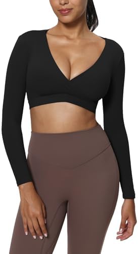 Aoxjox Leah Long Sleeve Crops for Women Deep V Half Cutout Workout Crop T Shirt Top