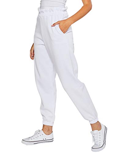 esstive Women\'s Ultra Soft Fleece Basic Midweight Casual Paper Bag Waist Band High Rise Joggers, White, Small