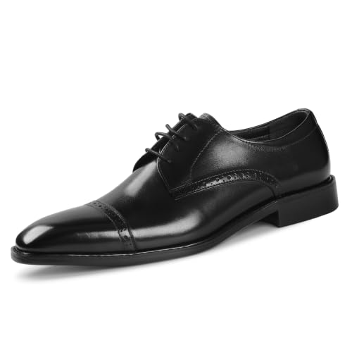 Image of Men Cap Toe Derby Shoes Open Lacing Wide Fit High Instep Full Grain Polished Leather Brogue Formal Dress Shoes for Wedding Groom Business Black Tie