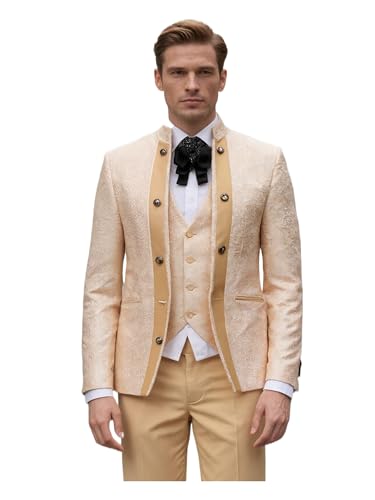 Mens Tuxedo 3 Pieces Slim Fit Suit Blazer Stand Collar Pants Printed Wedding Host Meet Events Banquet Dinner