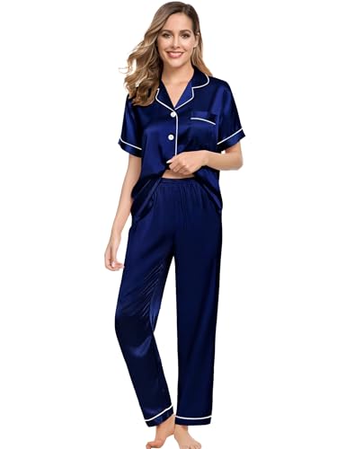 Image of SWOMOG Women Satin Pajamas Set Short Sleeve Top & Pants Sleepwear Silky Button Down Nightwear 2pcs Loungewear Pjs Set Deep Navy Blue X-Large