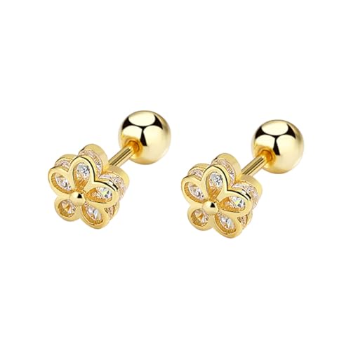 18K Gold Plated Sterling Silver Cubic Zirconia Screw Back Small Trendy Dainty Cute Flower Stud Earrings for Women with Jewelry Rose Box