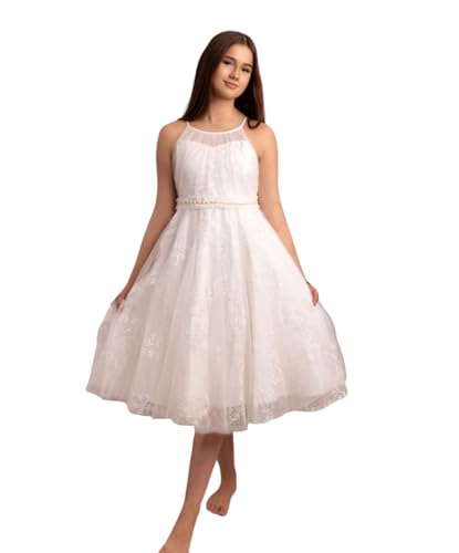 Vestido de tul floral infantil halter marfil ideal para bodas