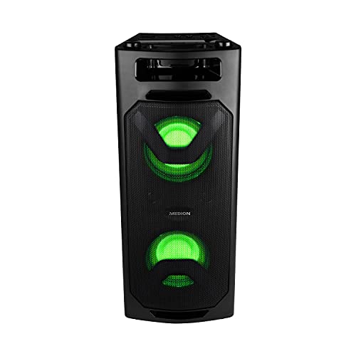 MEDION P67032 Party-Soundsystem (Partylautsprecher, Karaoke, Akku, UKW Radio, Bluetooth 2.1, Kompaktanlage, 2X 200 Watt, Farbige LED, USB, AUX, 2X Mikrofonanschluss)