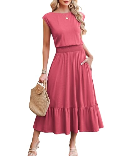 Image of Kikibell Womens Summer Dresses Cap Sleeve Elastic Waist Midi Dress with Pocket Long Causal Sundress Beach Vacation Outfits